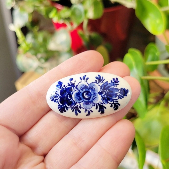 Jewelry - Vintage Dainty Holland Dutch Navy Blue Painted Floral Lapel Brooch Pin